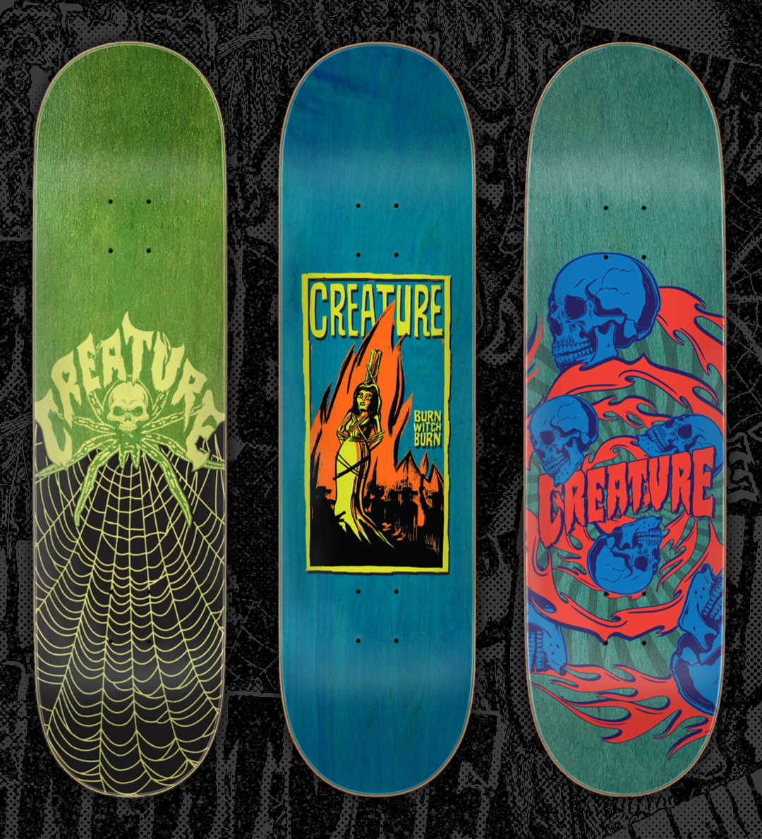 Creature Skateboards Team Birch Ransom Burn Witch Burn Relic Spiral Skull