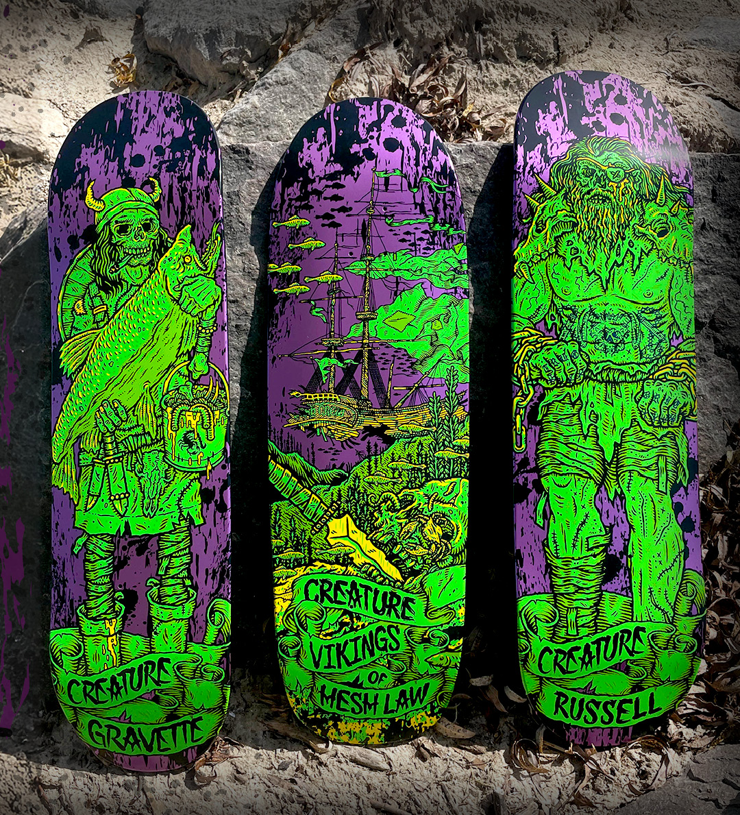 Creature Skateboards Vikings of Hesh Law Pro Series Todd Bratrud David Gravette Chris Russell Hog Leg Shape Deck