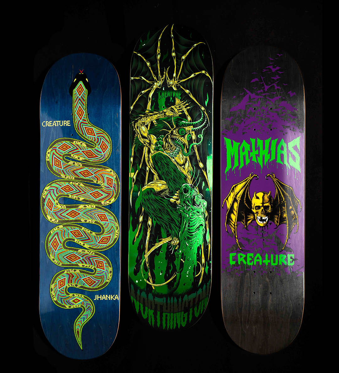 Creature Skateboards Pro Model Jhanka Gonzalez Serpiente John Worthington Skullburn VX Mathias Torres Skull Bat