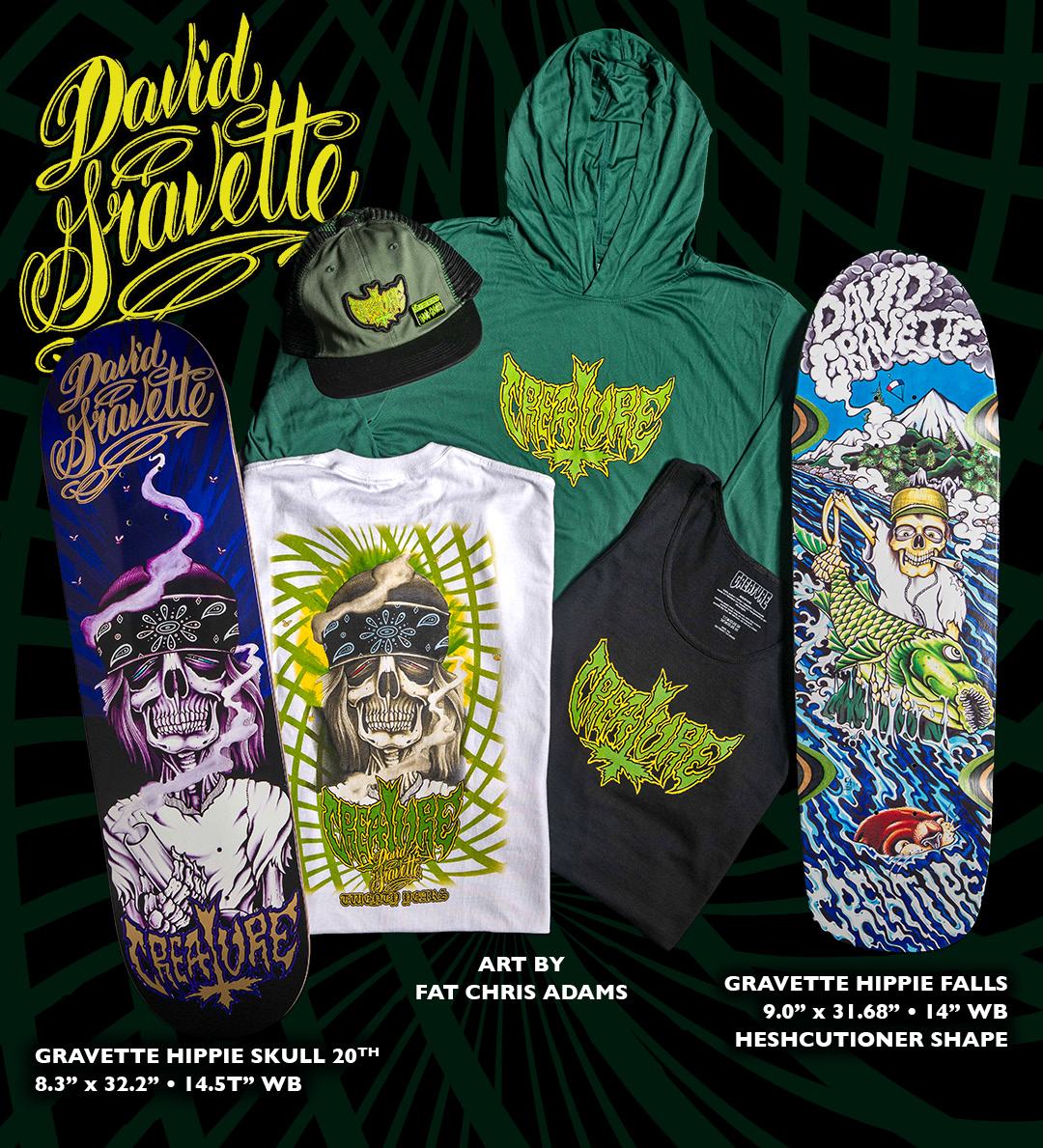 David Gravette 20 Years Creature Skateboards Hippie Skull