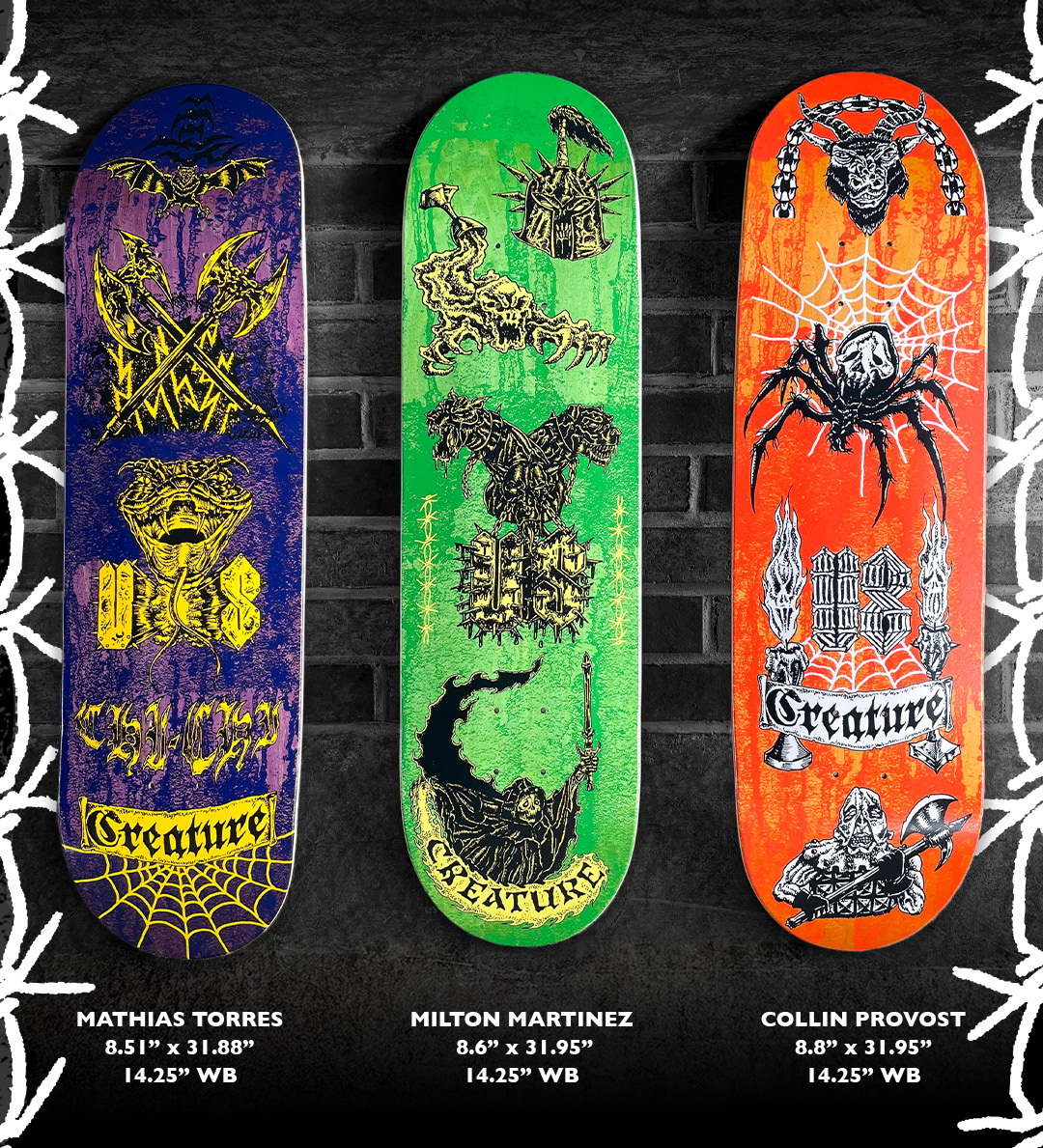Creature Skateboards Pro Series Creach US Mathias Torres Milton Martinez Collin Provost art by ScandinavianJawkbreaka