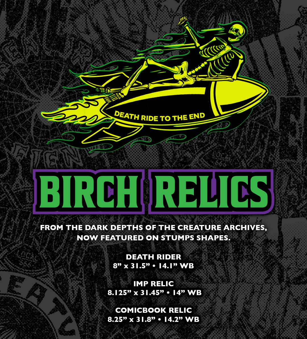 Creature Skateboards Team Birch Relics Decks Death Rider Imp Comicbook