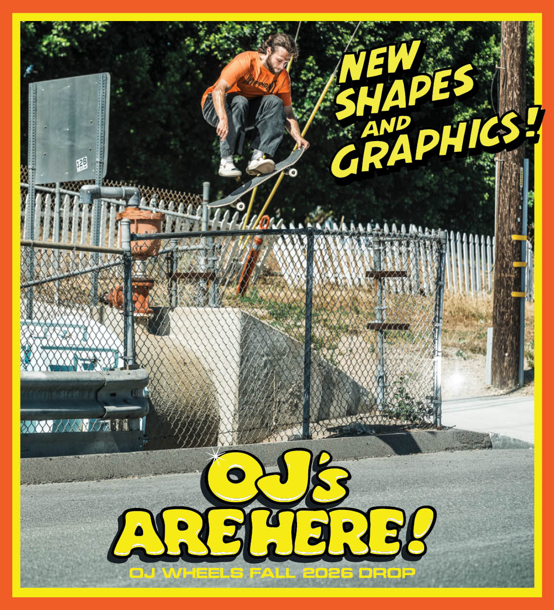 OJ Skateboard Wheels Fall 2026 Catalogue. Ace Pelka Impossible Tail grab. New Shapes and Graphics!