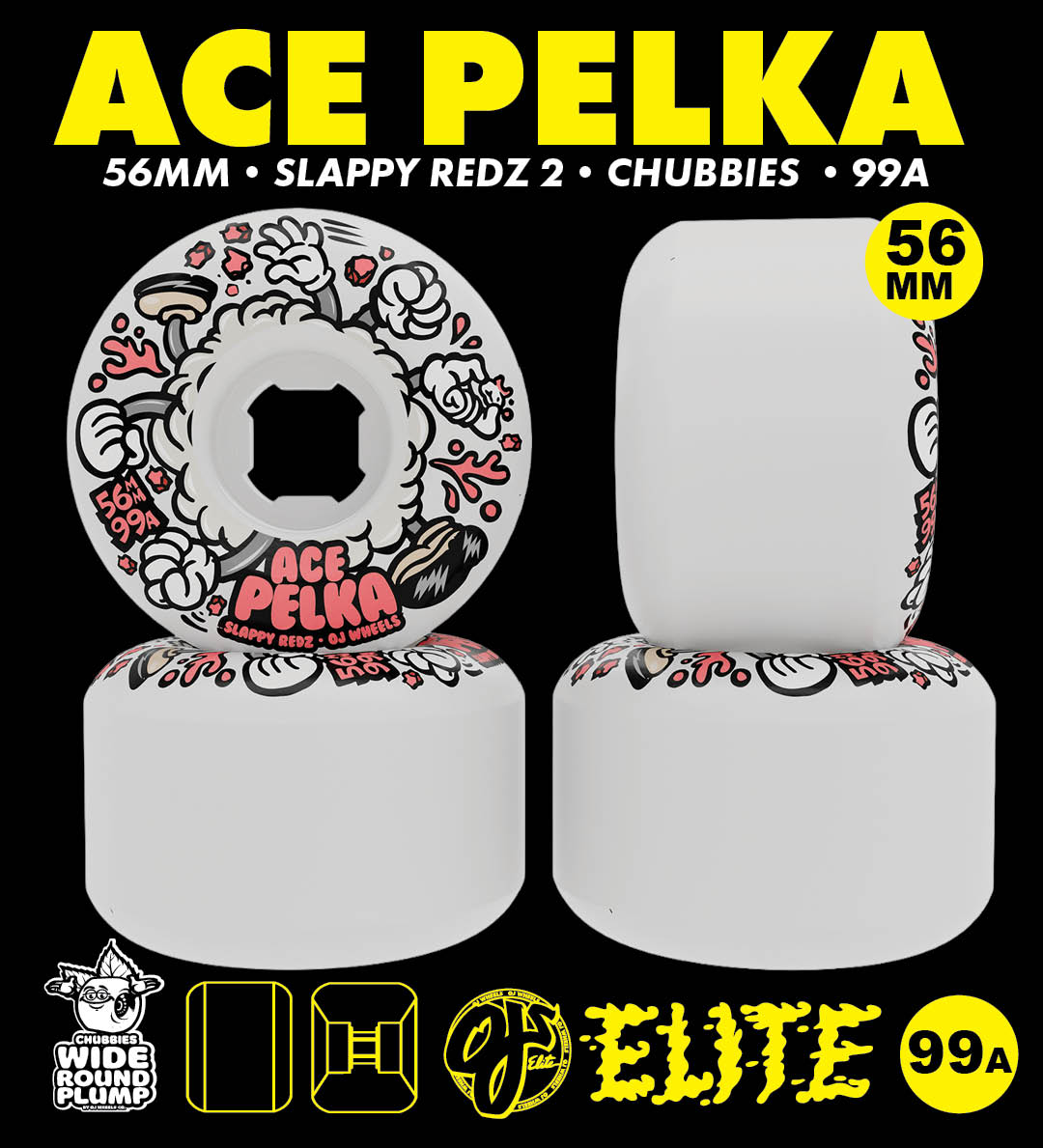 OJ Skateboard Wheels Ace Pelka Slappy Reds 2 Signature Wheels. Chubbies Shape. 99a. 56mm.