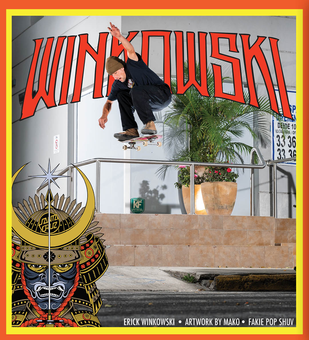 OJ Skateboard Wheels Erick Winkowski fake pop shove it over rail. Art by Mako