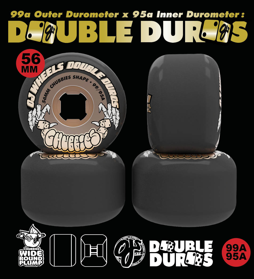 OJ Skateboard Wheels New Double Duro colours. Black and Gum. 99a/95a. 56mm. Chubbies shape.
