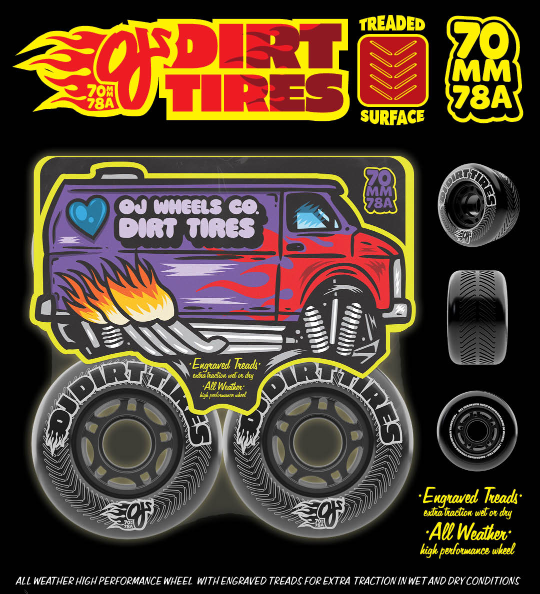 OJ Skateboard Wheels Vandals Dirt Tires Off Road Skateboard Wheels. 70mm 78a. Treaded Surface.