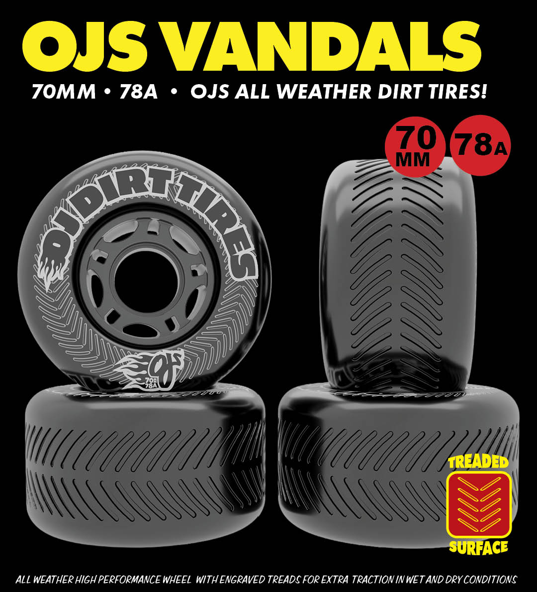 OJ Skateboard Wheels Vandals Dirt Tires Off Road Skateboard Wheels. 70mm 78a. Treaded Surface. All weather.