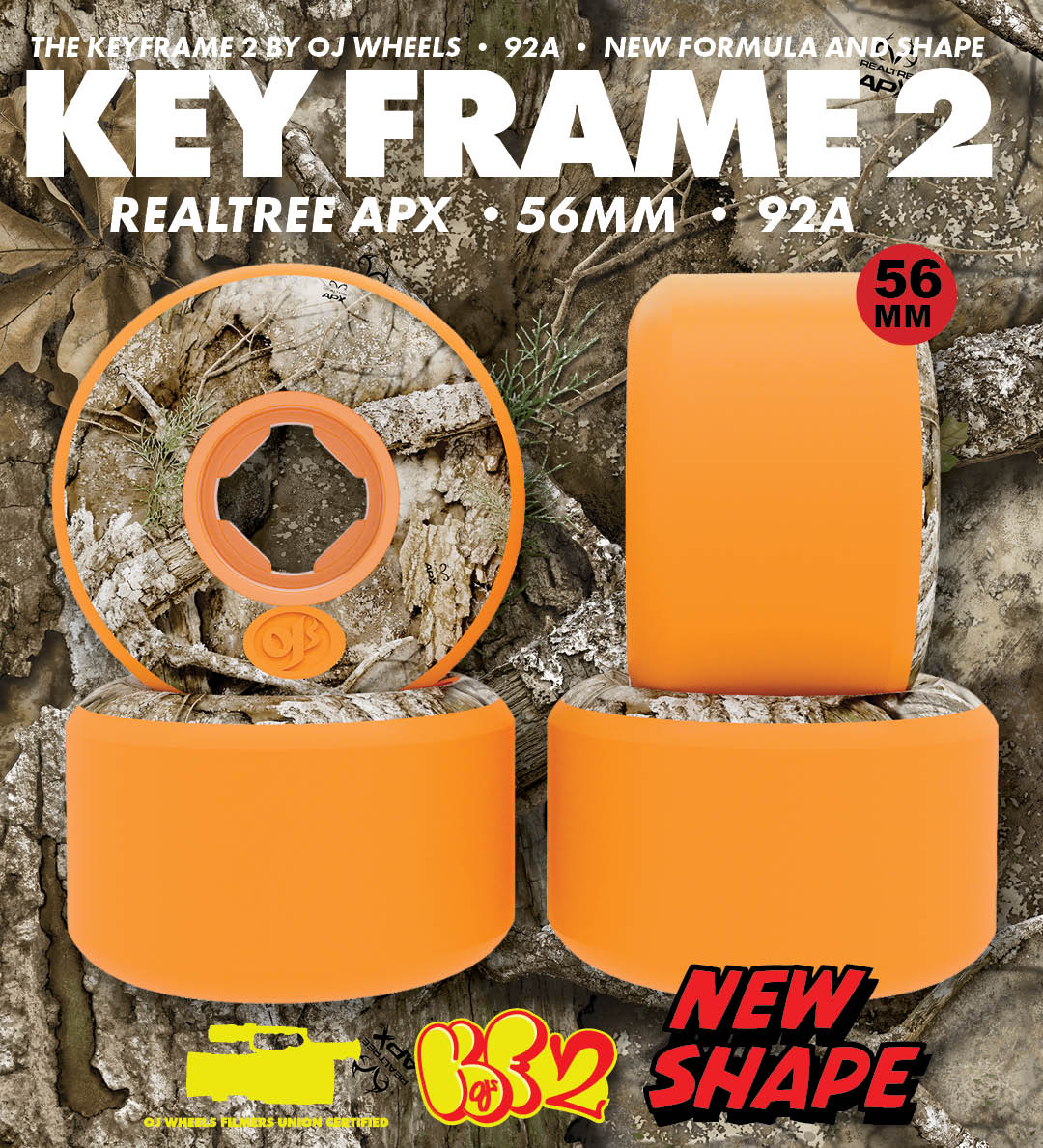 OJ Skateboard Wheels Keyfreme 2. Real Tree APX. 56mm 92a. Orange Camouflage. Cruiser Wheels.