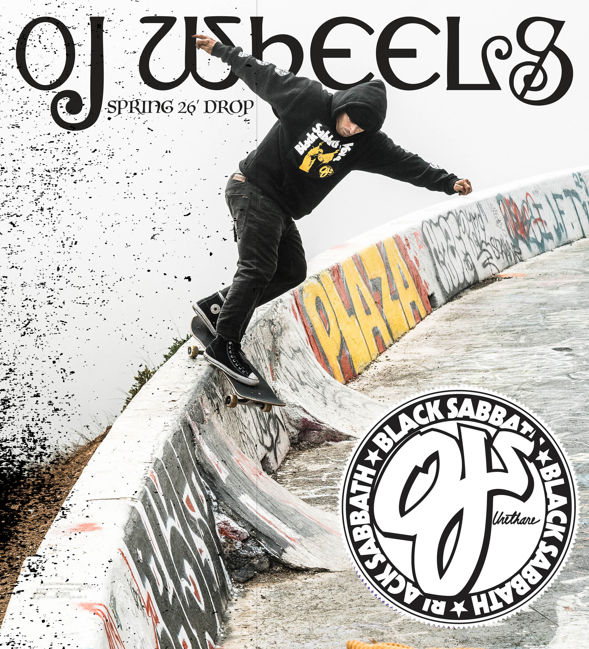 OJ Wheels Spring 2026 Catalogue. Milton Martinez Backside Smith Grind wearing the OJ Wheels x Black Sabbath Collaboration Hoodie.