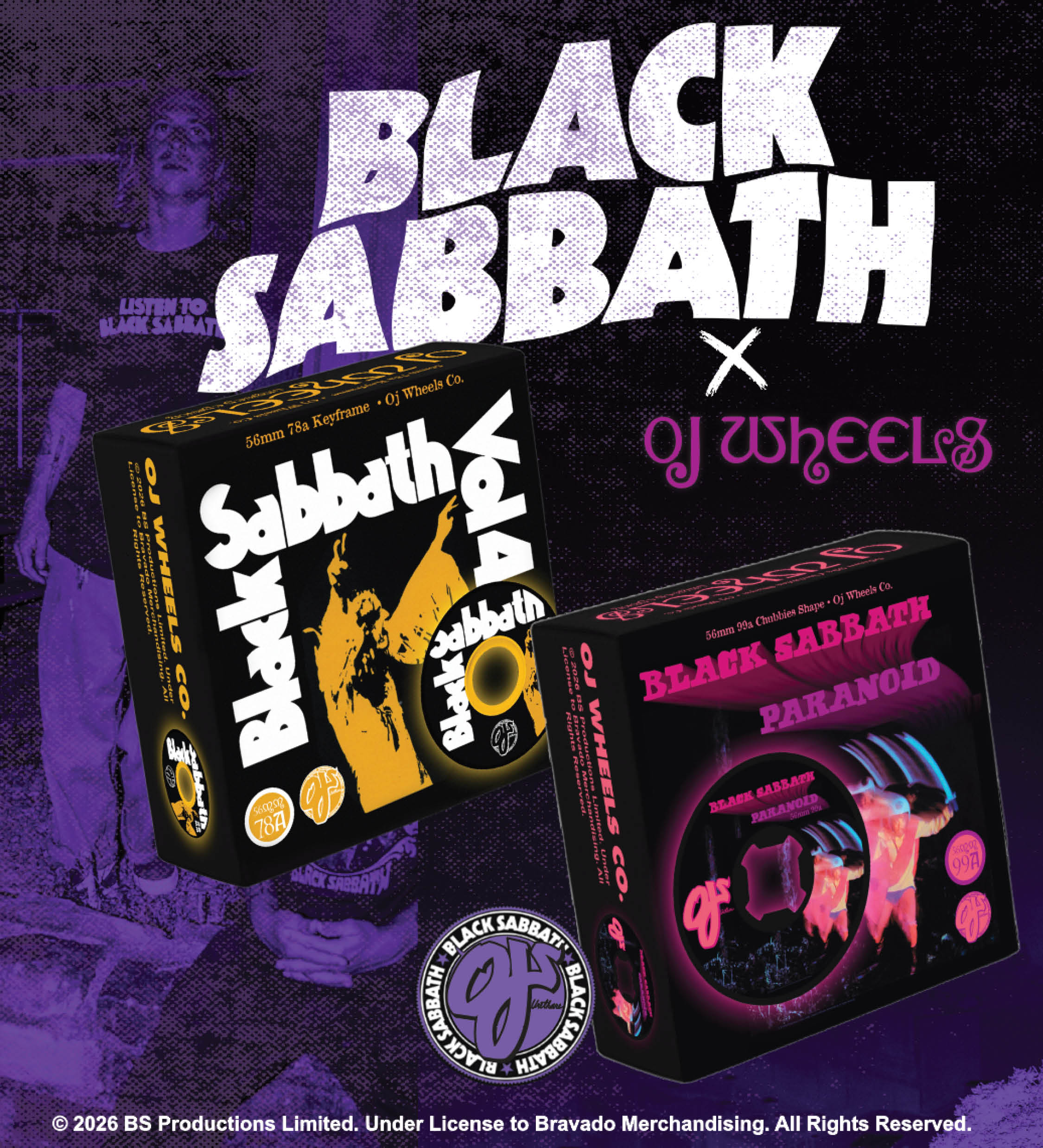 OJ Wheels x Black Sabbath collaboration wheels: 56mm Vol 4 Keyframe 78a, 56mm Paranoid Chubbies 99a