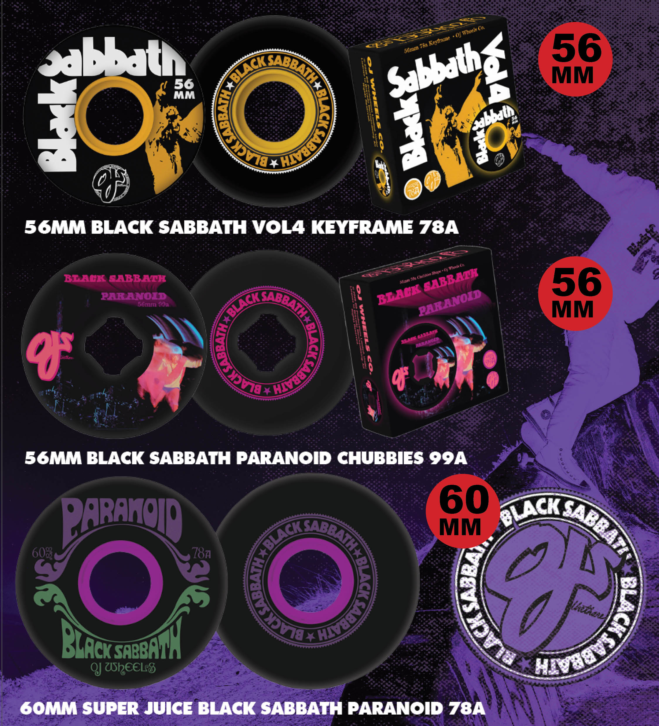 OJ Wheels x Black Sabbath collaboration wheels: 56mm Vol 4 Keyframe 78a, 56mm Paranoid Chubbies 99a, 60mm Super Juice Paranoid 78a