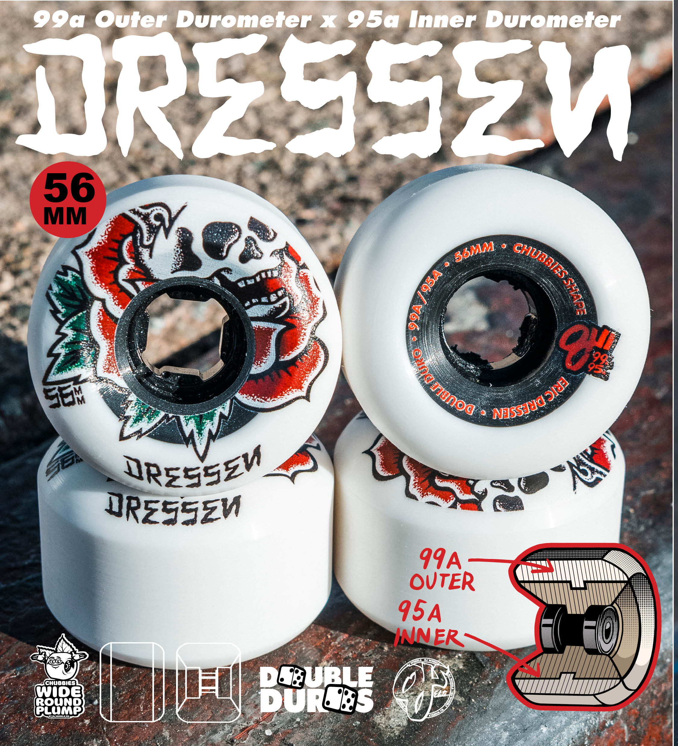 OJ Wheels Eric Dressen Signature Rose Skull Double Duros, 56mm Chubbies outer 99a, Inner 95a Smoother ride, No Compromise.