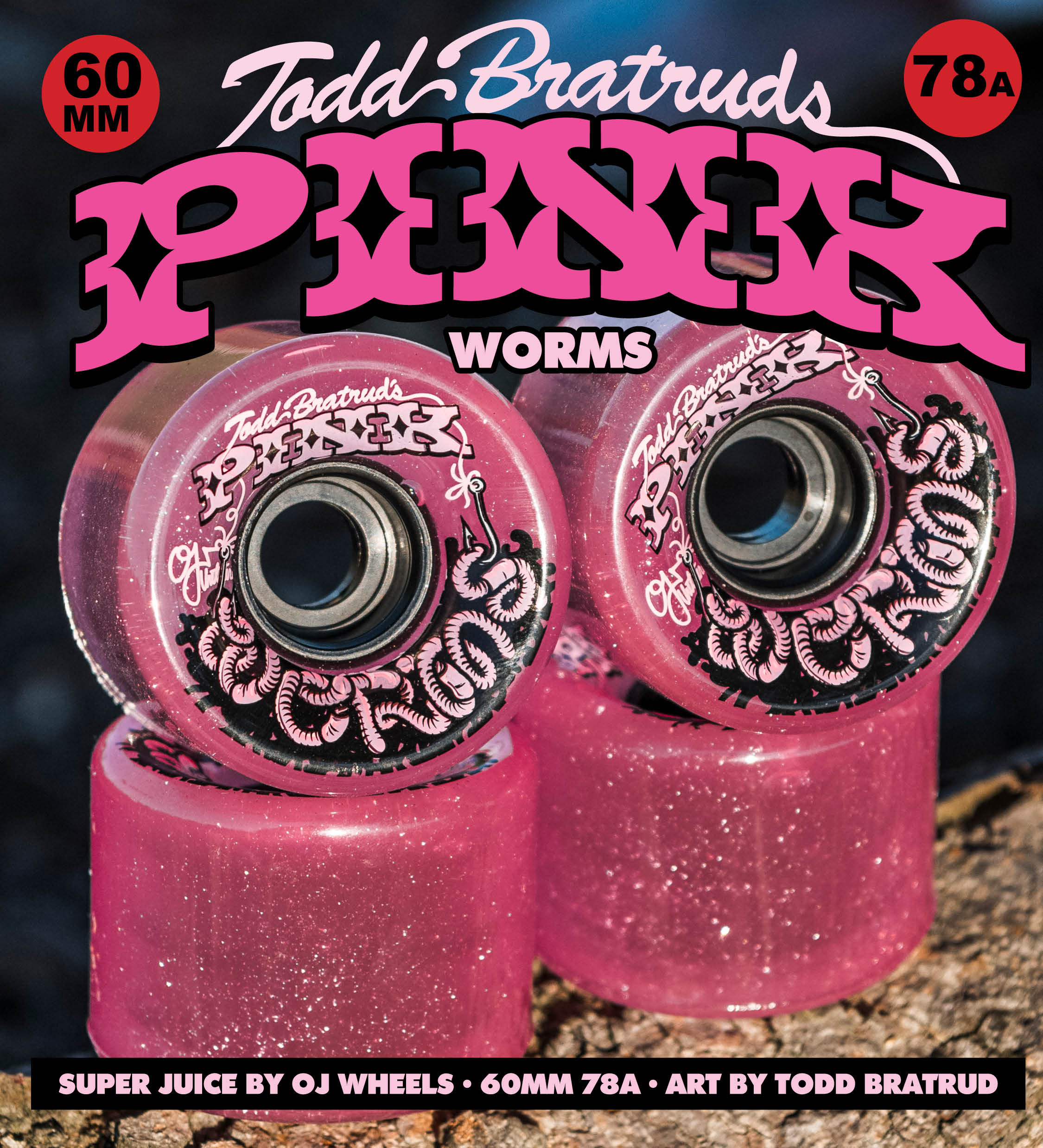 OJ Wheels Super Juice Pink Worms 60mm 78a wheels with art by Todd Bratrud.