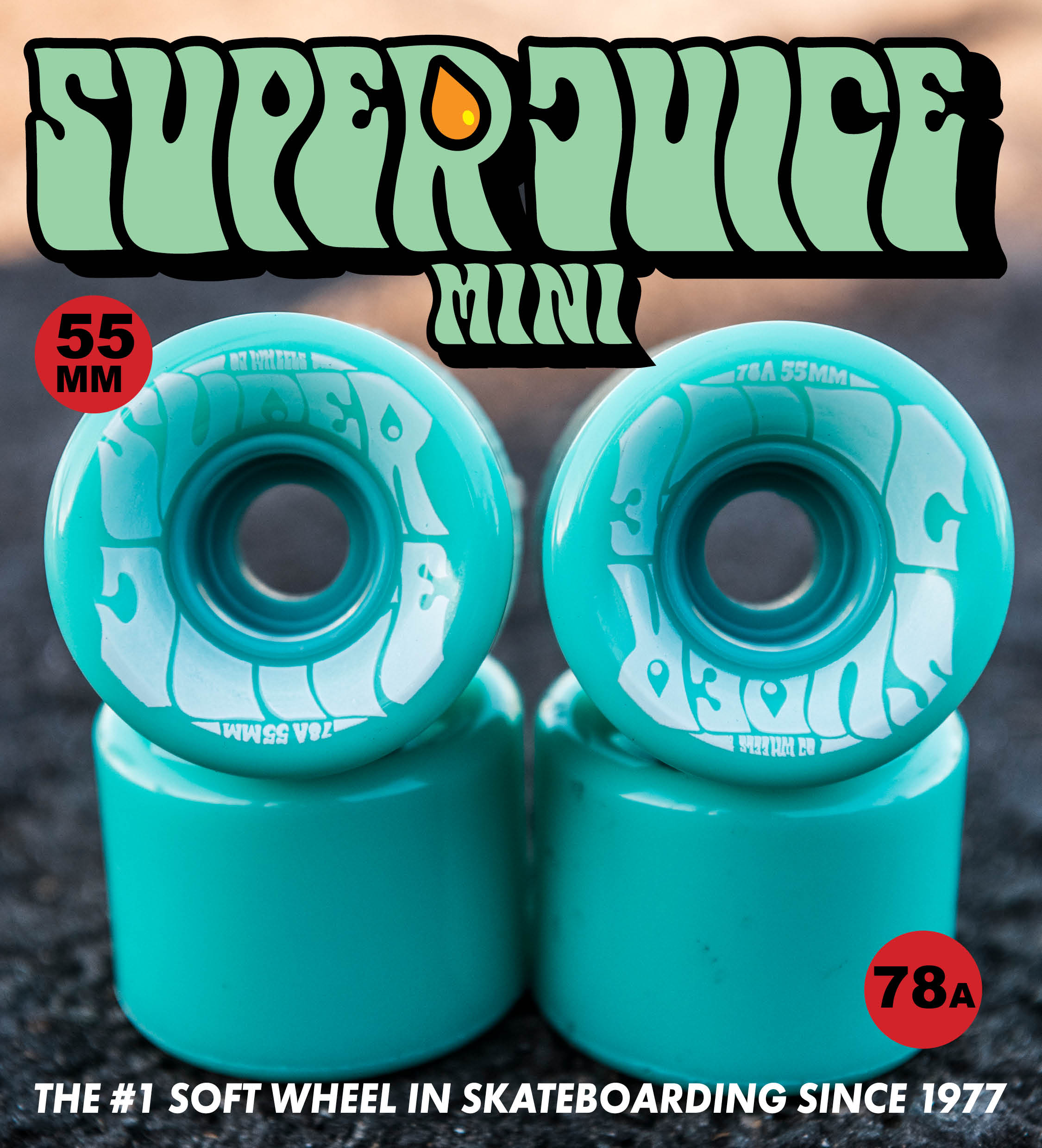 OJ Wheels Mini Super Juice 55mm 78a in Aqua Green. The Number 1 soft wheel in skateboarding.