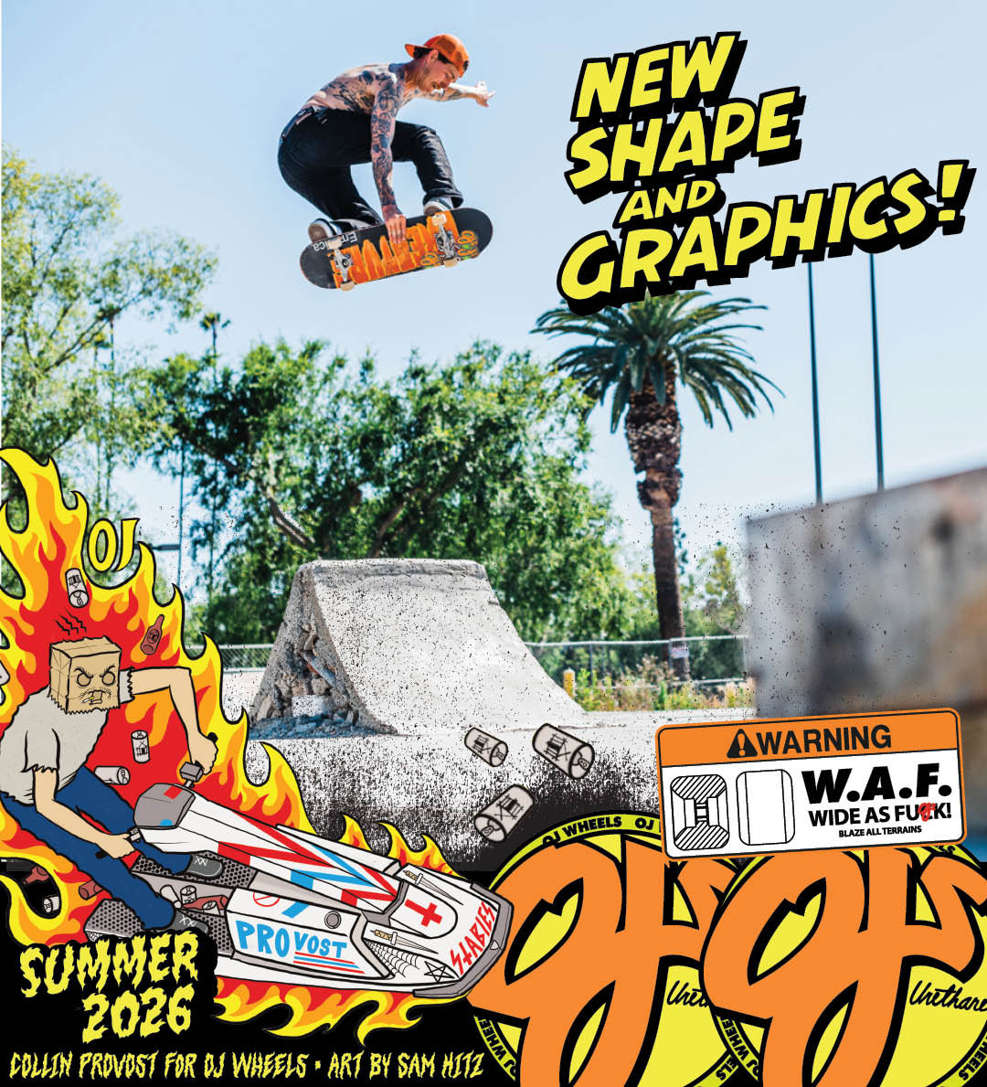 OJ Wheels Summer 2026 Catalogue. Collin Provost melon grab at a DIY skatepark skating his new signature wheels.