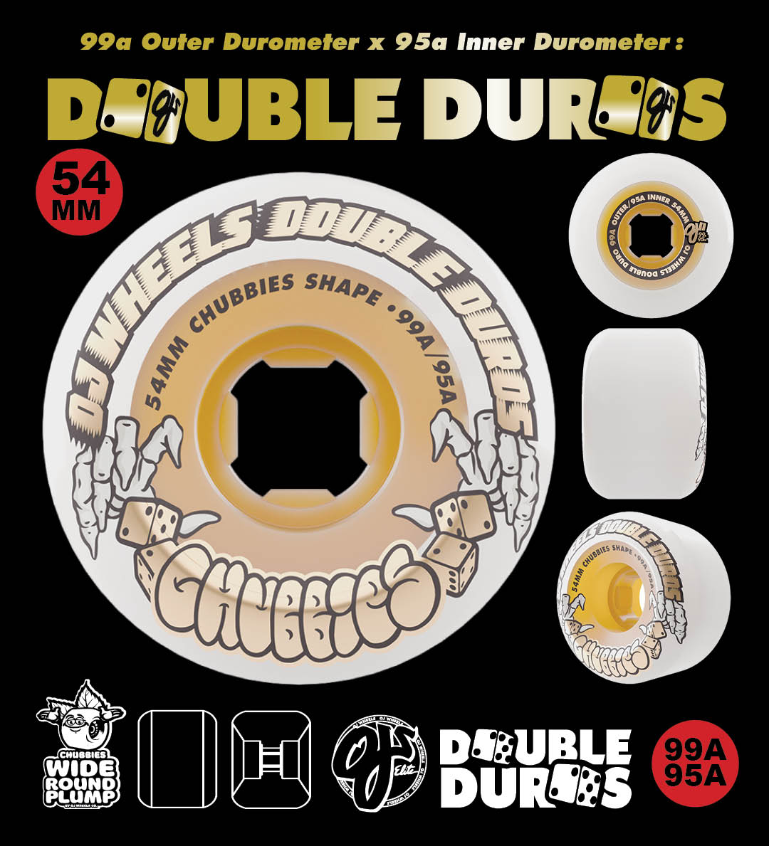 56mm 99a x 95a Double Duros Chubbies white with gold core and 54mm 99a x 95a Double Duros Chubbies white with gum core. OJ Wheels.