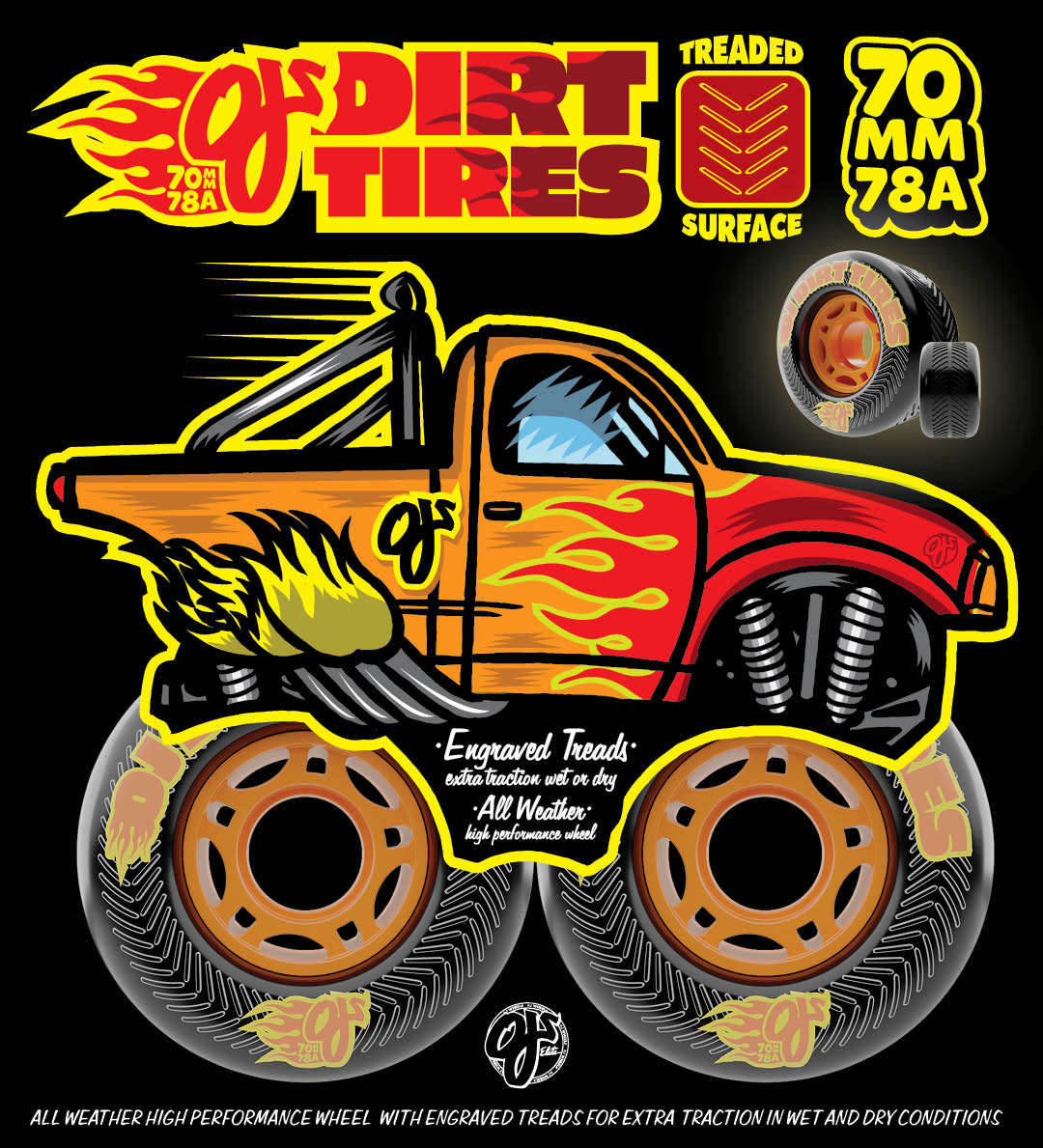 OJ Wheels Dirt Tyres 70mm 78s Treaded Surface Wheels for extra traction on wet or dry terrain, All Weather skateboard wheels. Monster Truck Skateboard Wheels with plastic core.