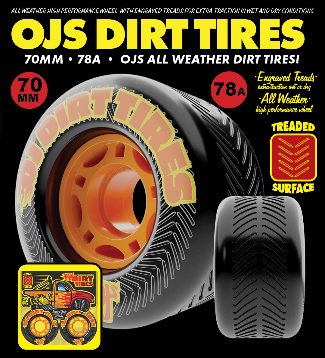 OJ Wheels Dirt Tyres 70mm 78s Treaded Surface Wheels for extra traction on wet or dry terrain, All Weather skateboard wheels. Monster Truck Skateboard Wheels with plastic core.