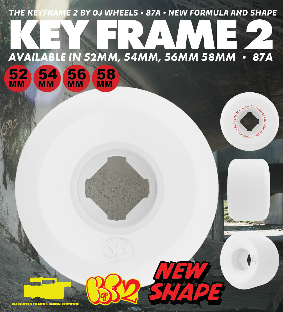 Brand New OJ Wheels Keyframe 2 New Shape. New formula and shape, 87a with wider riding surface and debased logos. 52mm, 54mm, 56mm, 58mm 87a, perfect for blazing all terrains, filming and cruising.