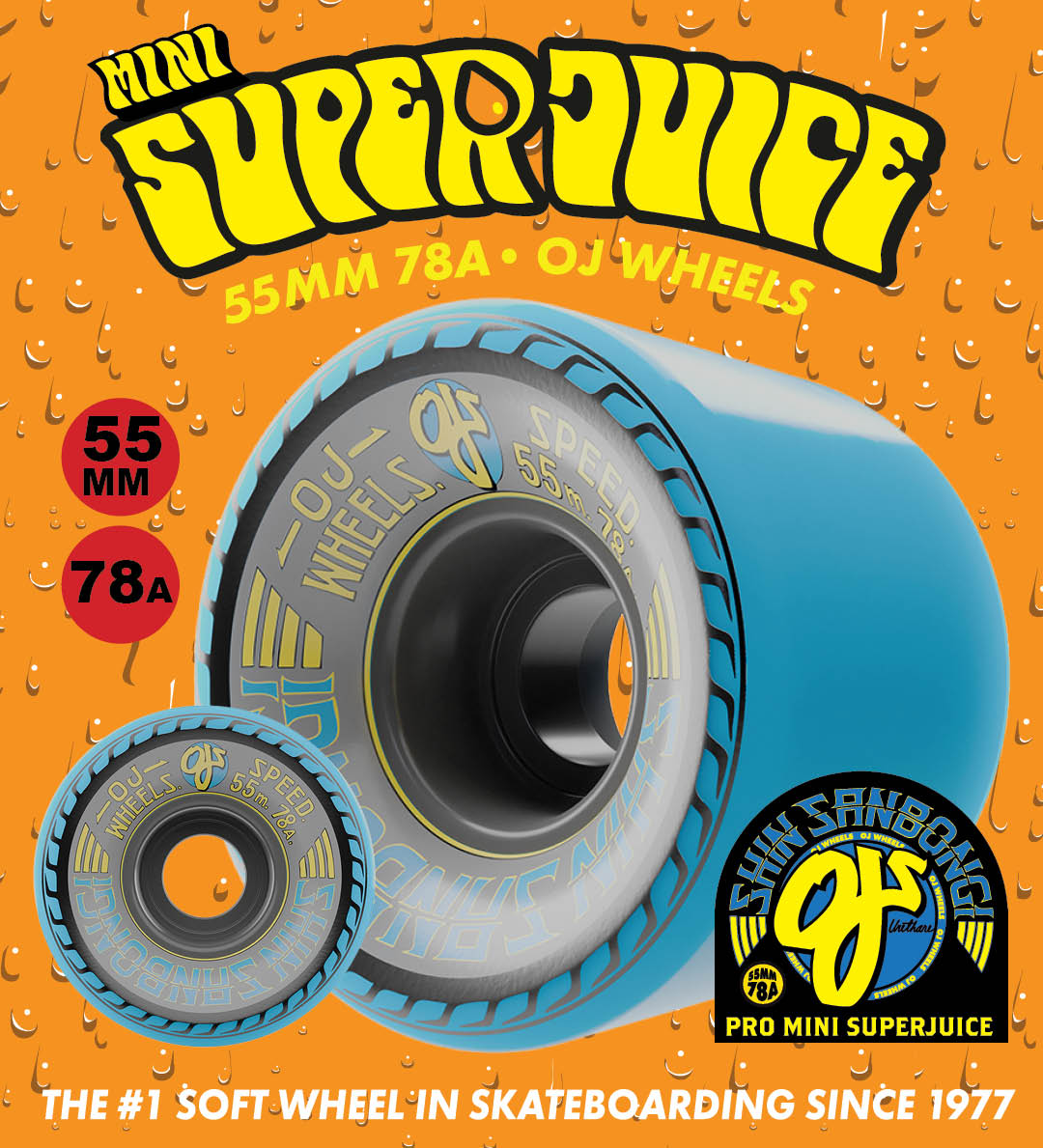 OJ Wheels Mini Super Juice Shin Sanbongi Signature Wheel 55mm 78a blue. The number one soft wheel in skateboarding for cruising.