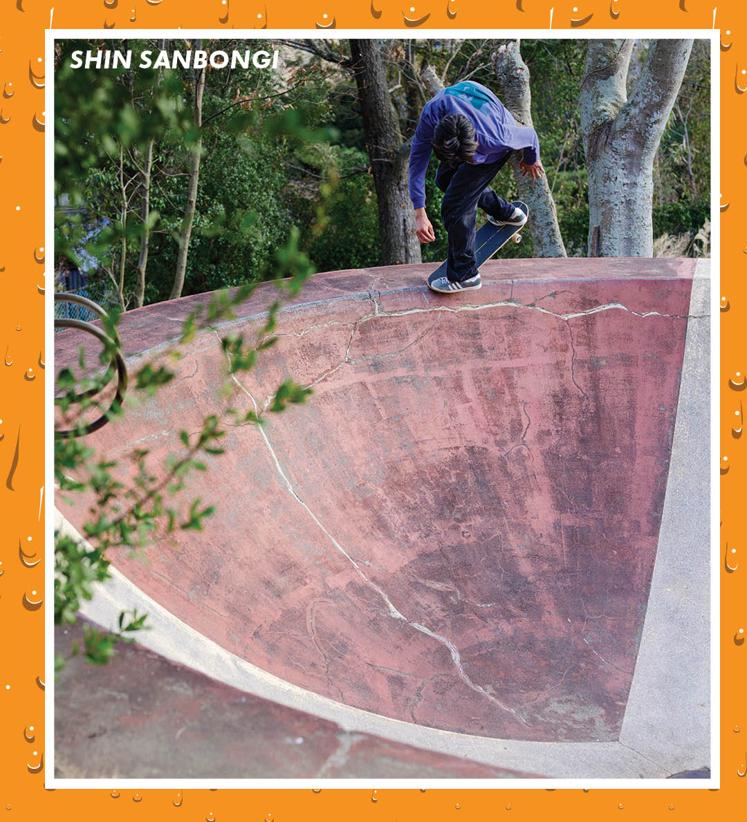 Shin Sanbongi backside 270 nose stall in a bowl in Shikoku Japan. The number one soft wheel in skateboarding for cruising.