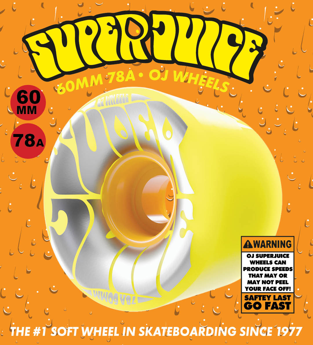 OJ Wheels Super Juice the best skateboard cruiser wheels 60mm 78a safety yellow and safety orange with metallic ink.