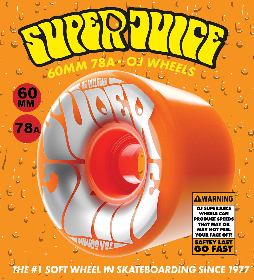 OJ Wheels Super Juice the best skateboard cruiser wheels 60mm 78a safety yellow and safety orange with metallic ink.