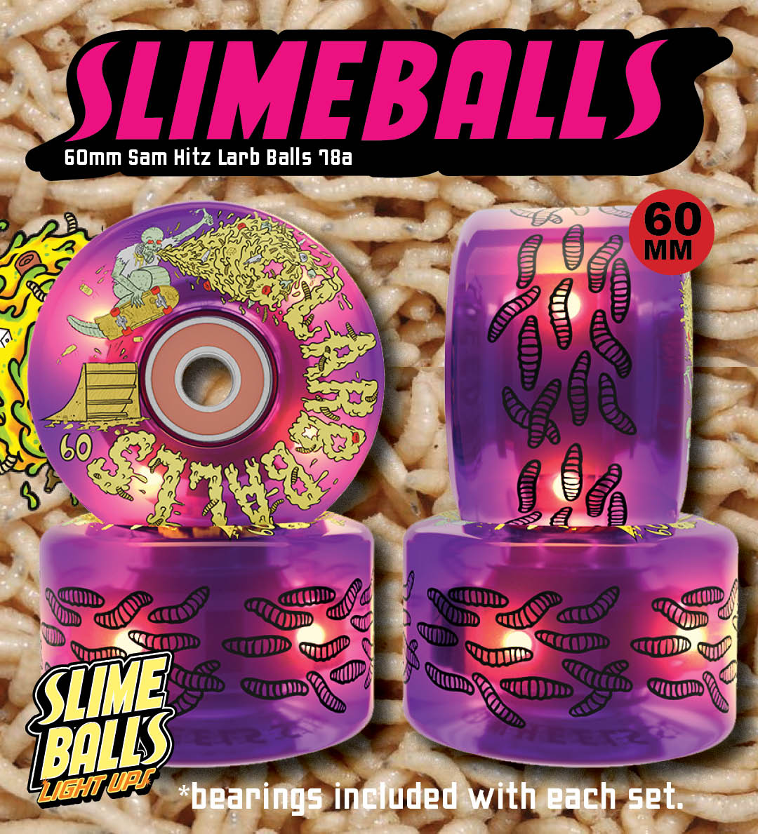 Slime Balls Skateboard Wheels Sam Hitz Guest Light Up Cruiser Wheel 60mm 78a bearings included
