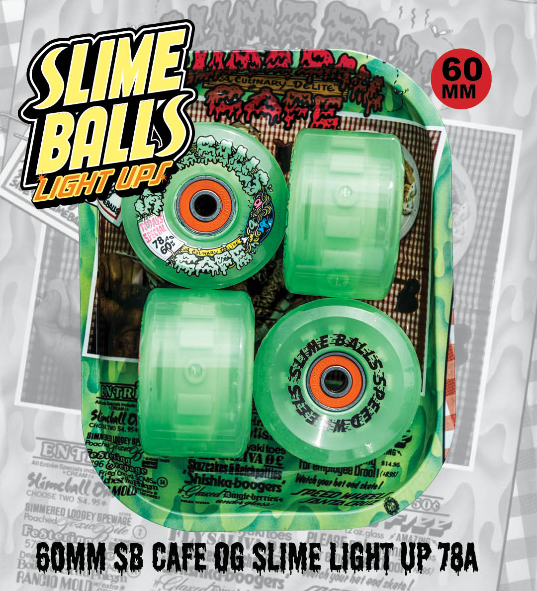 Slime Balls Wheels Slime Balls Cafe OG Slime Light Ups 60mm 78a Green with free rolling tray. Powered by Bronson G2 Bearings.