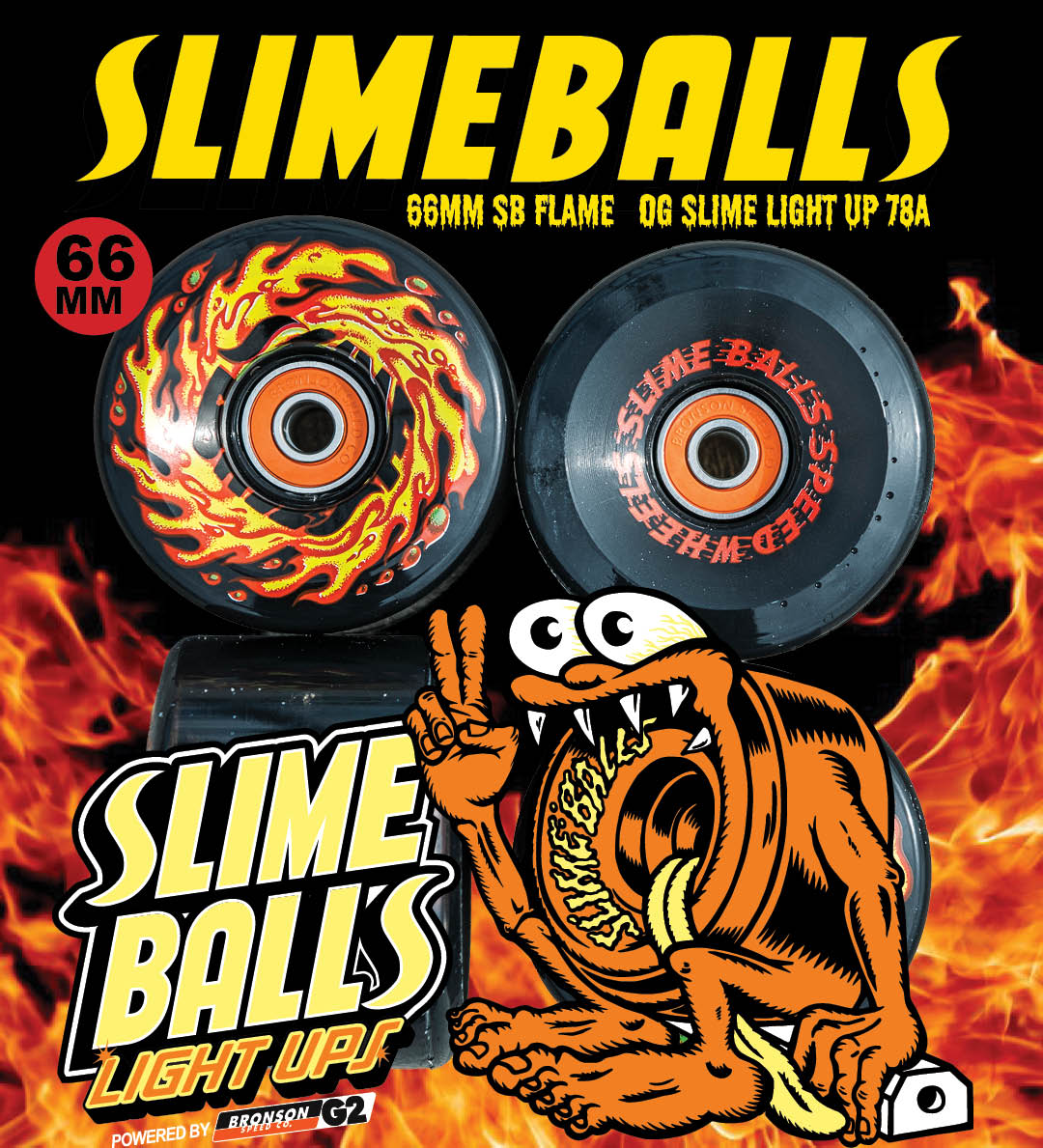 Slime Balls Wheels 66mm SB Flame OG Slime Light Up Wheels 78a powered by Bronson G2 Bearings.