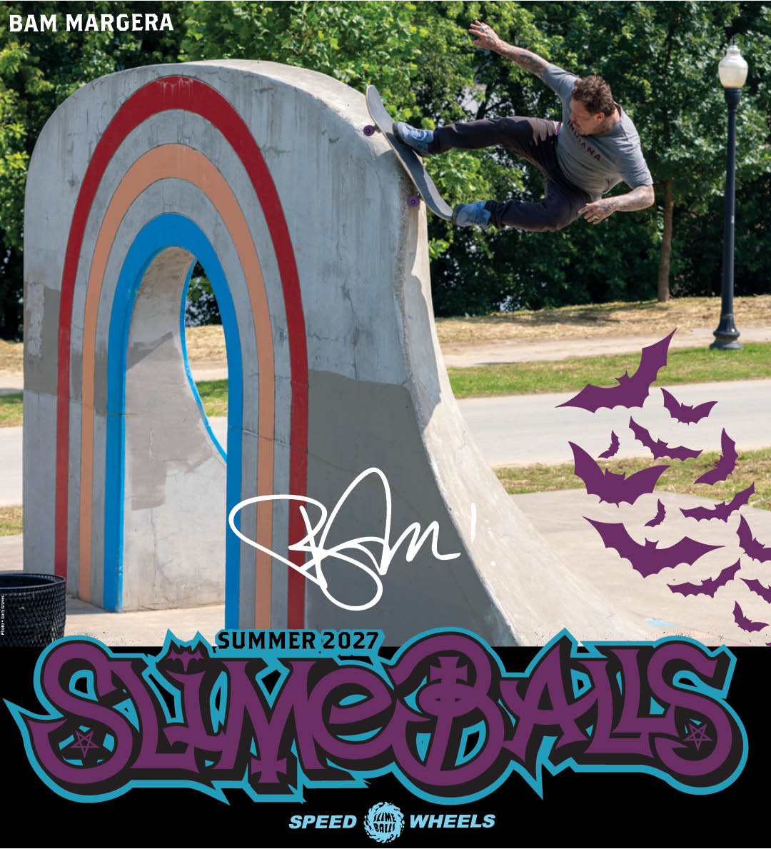 Slime Balls Wheels Summer 2026 Catalogue - Bam Margera gnarly vert Rock fakie skate photo. Artwork by Todd Bratrud.