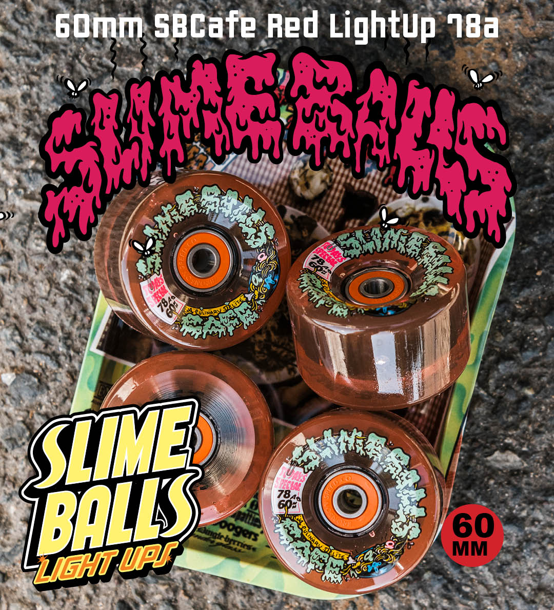 Slime Balls Light Ups Light Up Skateboard Wheels, Slime Balls Cafe 60mm 778a cruiser wheels with rolling tray.