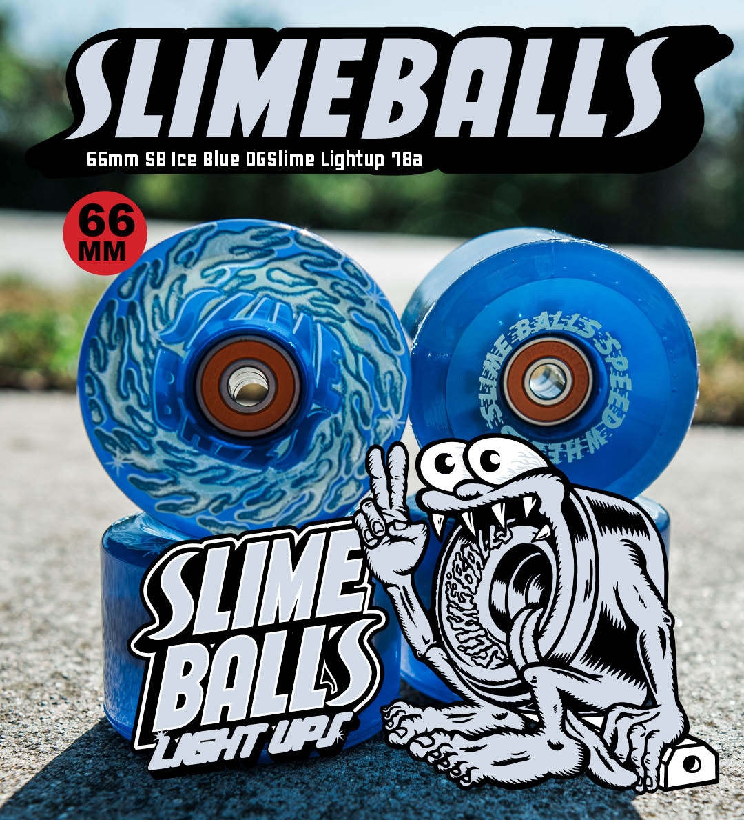 Slime Balls OG Slime Skateboard Wheels Blue Light Up Skateboard Wheels 66mm 78a cruiser wheels.